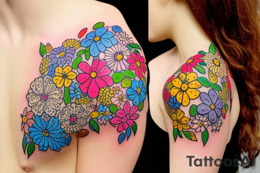 A splash of tiny flowers in full color on your shoulder: This design comprises of small, bright, and colorful flowers that spread across the shoulder and collarbones, forming a larger image​1​. tattoo idea
