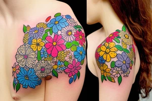 A splash of tiny flowers in full color on your shoulder: This design comprises of small, bright, and colorful flowers that spread across the shoulder and collarbones, forming a larger image​1​. tattoo idea