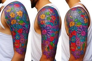 A splash of tiny flowers in full color on your shoulder: This design comprises of small, bright, and colorful flowers that spread across the shoulder and collarbones, forming a larger image​1​. tattoo idea