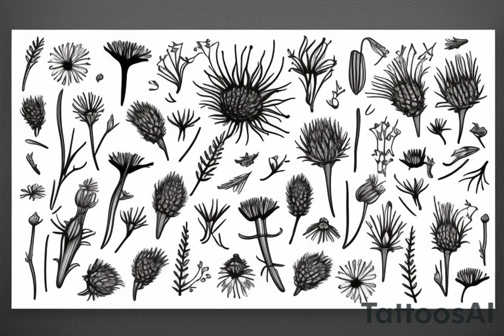 Botanical fine line flowers: This design is minimalist and sophisticated, featuring delicate designs such as wildflowers like cornflower, thistle, and forget-me-not. tattoo idea