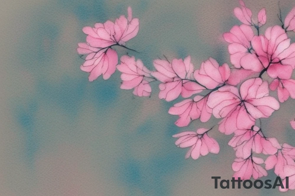 design of pink blossoms done by the artist Pis Saro. It is characterized by a watercolor style, giving it a soft, painterly look. The design is nature-inspired and features botanical elements. The tattoo is both delicate and vibrant, showcasing the artist's signature style. The pink blossoms appear realistic and are rendered with a high level of detail, enhancing the overall aesthetic of the piece​1​. tattoo idea