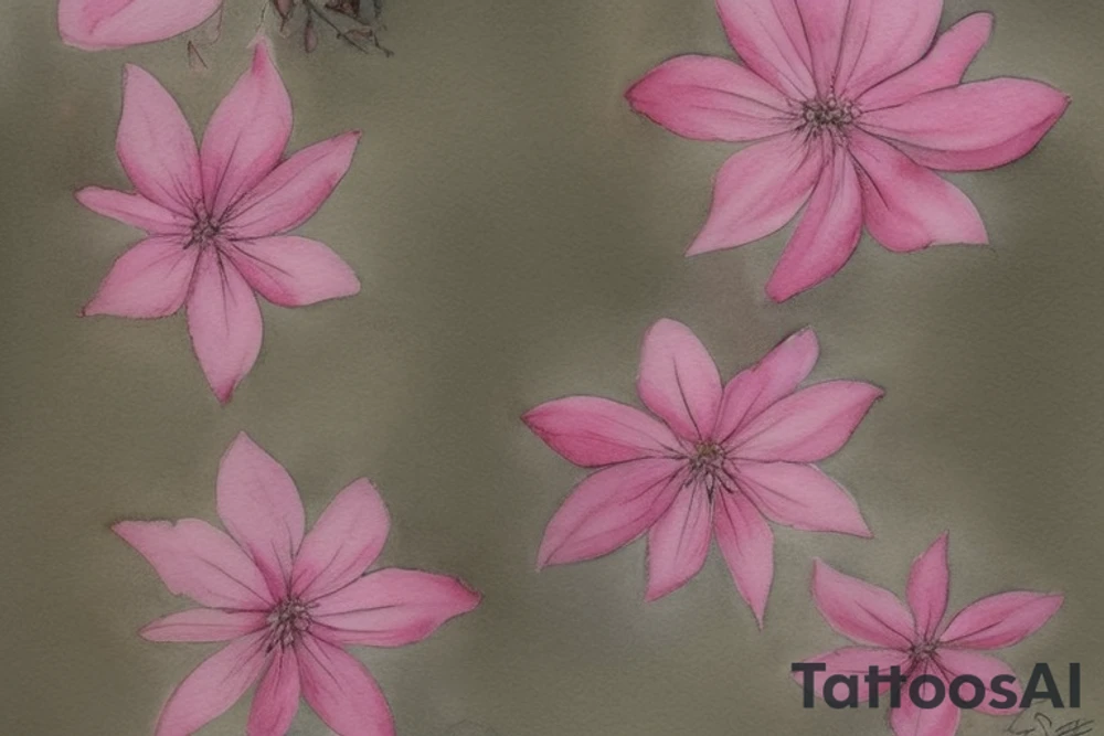 design of pink blossoms done by the artist Pis Saro. It is characterized by a watercolor style, giving it a soft, painterly look. The design is nature-inspired and features botanical elements. The tattoo is both delicate and vibrant, showcasing the artist's signature style. The pink blossoms appear realistic and are rendered with a high level of detail, enhancing the overall aesthetic of the piece​1​. tattoo idea