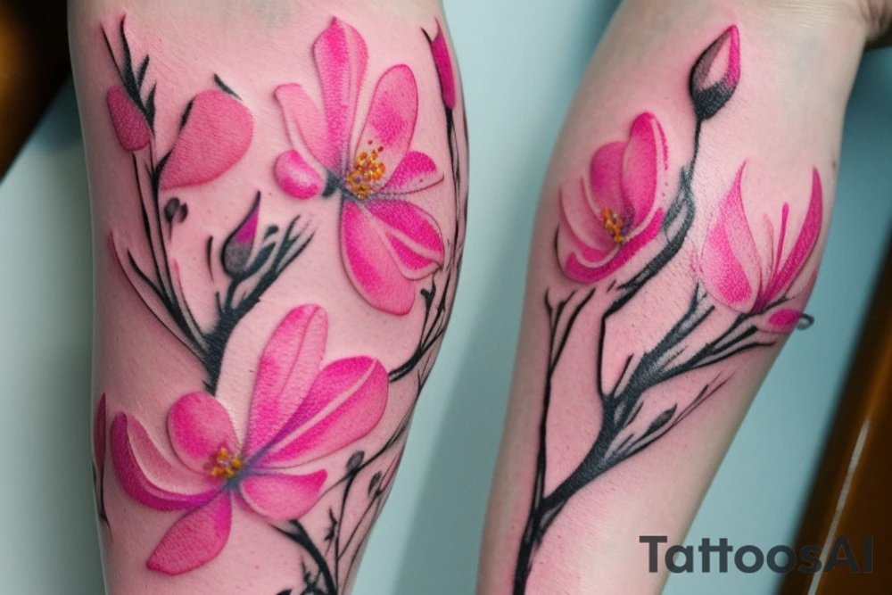 design of pink blossoms done by the artist Pis Saro. It is characterized by a watercolor style, giving it a soft, painterly look. The design is nature-inspired and features botanical elements. The tattoo is both delicate and vibrant. The pink blossoms appear realistic and are rendered with a high level of detail, tattoo idea