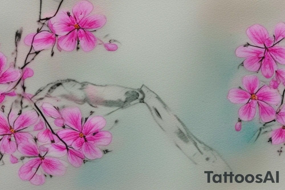 design of pink blossoms done by the artist Pis Saro. It is characterized by a watercolor style, giving it a soft, painterly look. The design is nature-inspired and features botanical elements. The tattoo is both delicate and vibrant. The pink blossoms appear realistic and are rendered with a high level of detail, tattoo idea