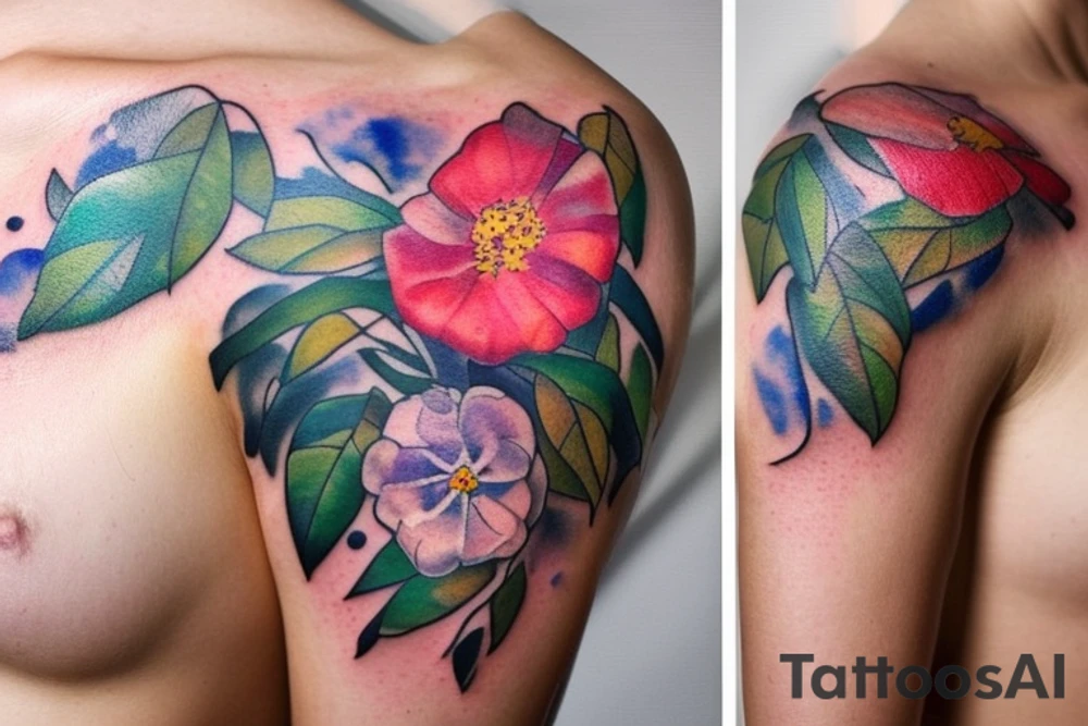 t is a floral piece rendered in a watercolor style. The design features a bouquet of flowers and leaves that cover the side chest area, extending towards the underbust. The colors are soft and beautifully blended, staying true to the watercolor aesthetic. The tattoo, like the first one, is also nature-inspired, tattoo idea
