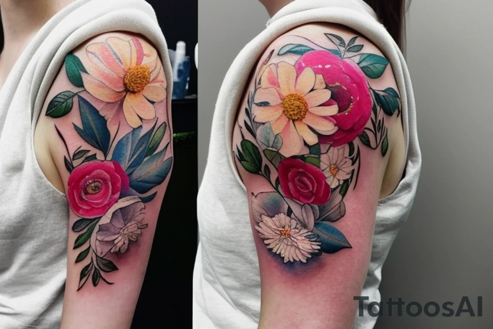 t is a floral piece rendered in a watercolor style. The design features a bouquet of flowers and leaves that cover the side chest area, extending towards the underbust. The colors are soft and beautifully blended, staying true to the watercolor aesthetic. The tattoo, like the first one, is also nature-inspired, tattoo idea