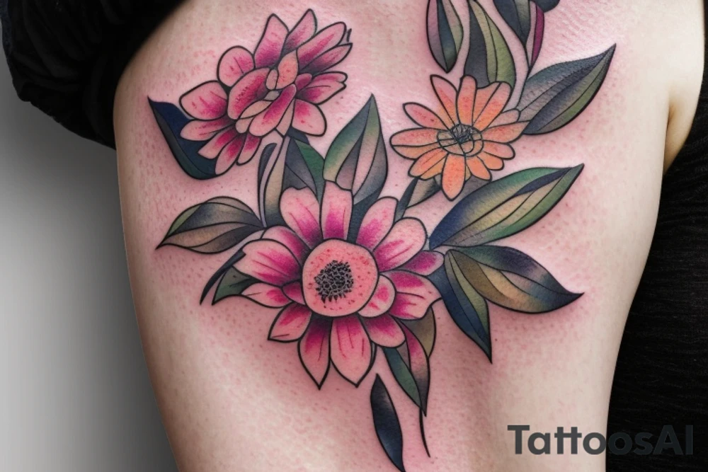 a floral piece rendered in a watercolor style. The design features a bouquet of flowers and leaves that cover the side chest area, extending towards the underbust. The colors are soft and beautifully blended, staying true to the watercolor aesthetic. tattoo idea