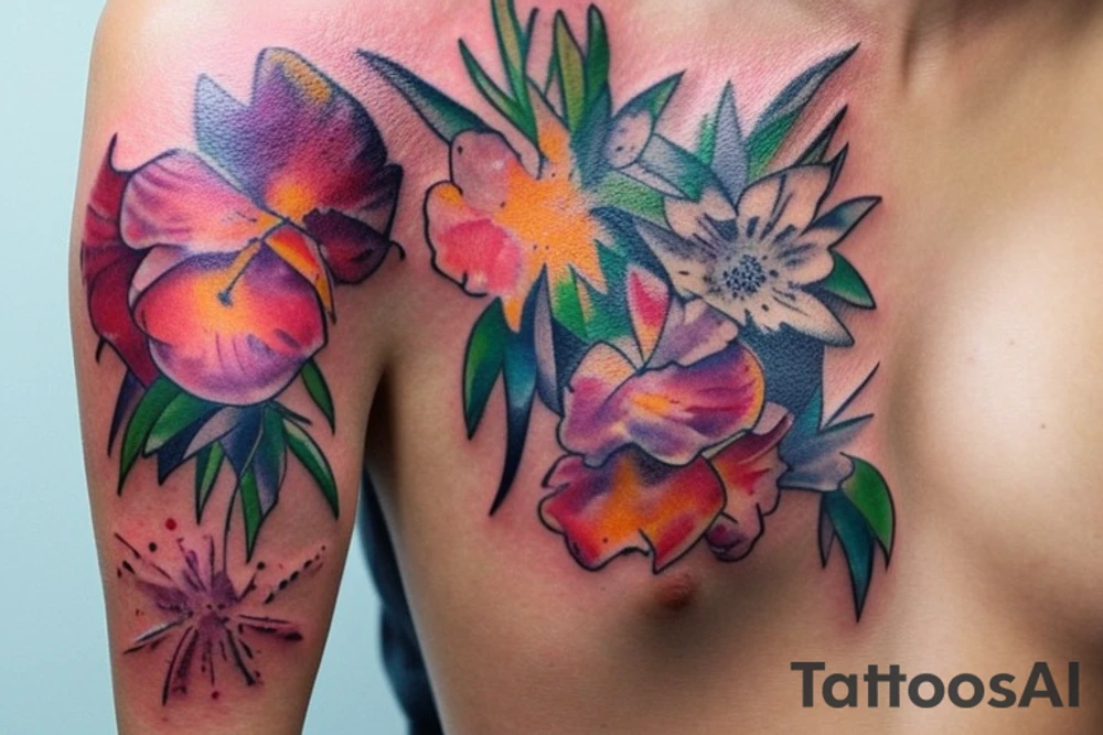 a floral piece rendered in a watercolor style. The design features a bouquet of flowers and leaves that cover the side chest area, extending towards the underbust. The colors are soft and beautifully blended, staying true to the watercolor aesthetic. tattoo idea