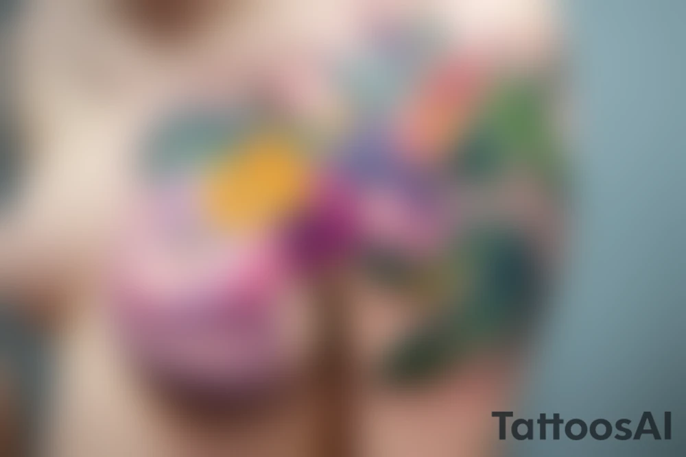 a floral piece rendered in a watercolor style. The design features a bouquet of flowers and leaves that cover the side chest area, extending towards the underbust. The colors are soft and beautifully blended, staying true to the watercolor aesthetic. tattoo idea