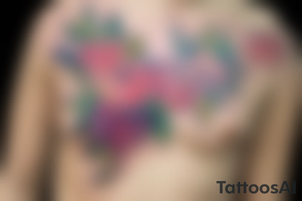 a floral piece rendered in a watercolor style. The design features a bouquet of flowers and leaves that cover the side chest area, extending towards the underbust. The colors are soft and beautifully blended, staying true to the watercolor aesthetic. tattoo idea
