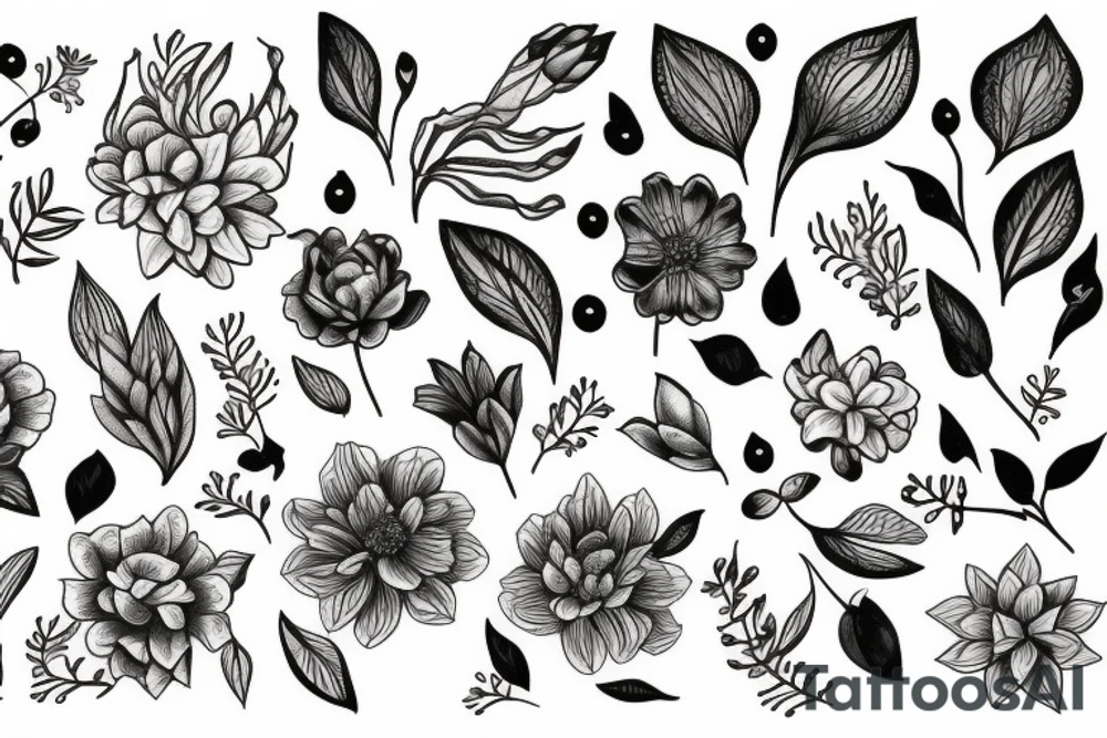 Botanical fine line flowers tattoo idea