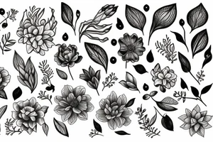 Botanical fine line flowers tattoo idea