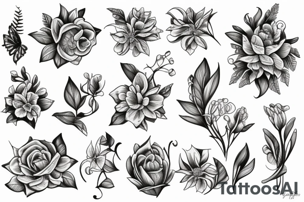 Botanical fine line flowers tattoo idea