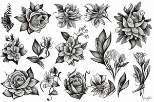 Botanical fine line flowers tattoo idea