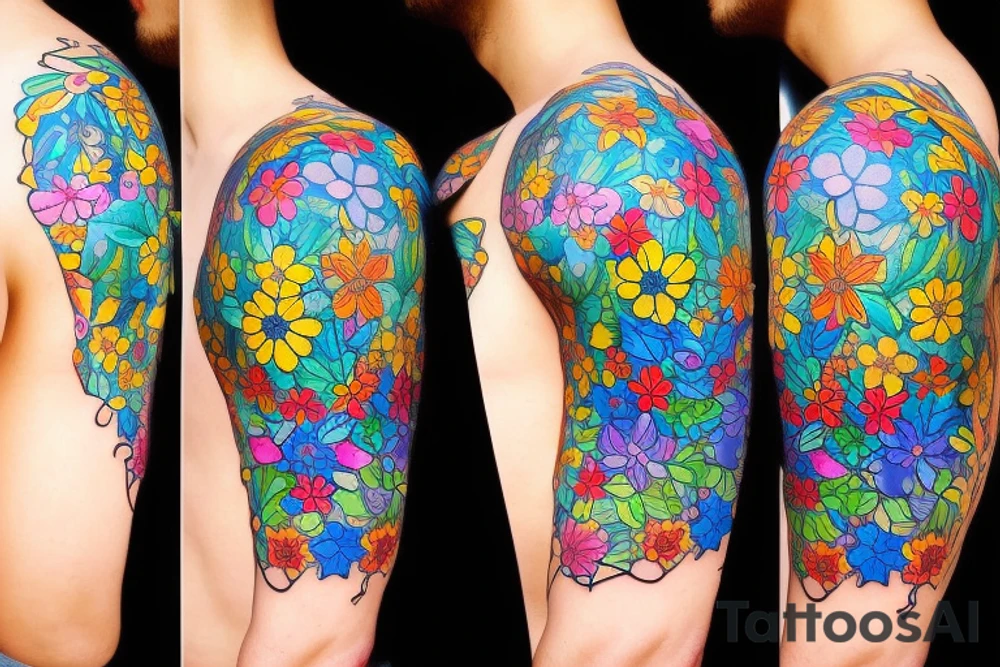 A splash of tiny flowers in full color on your shoulder: This design comprises of small, bright, and colorful flowers that spread across the shoulder and collarbones, forming a larger image tattoo idea