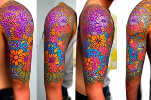A splash of tiny flowers in full color on your shoulder: This design comprises of small, bright, and colorful flowers that spread across the shoulder and collarbones, forming a larger image tattoo idea
