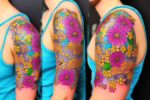 A splash of tiny flowers in full color on your shoulder: This design comprises of small, bright, and colorful flowers that spread across the shoulder and collarbones, forming a larger image tattoo idea
