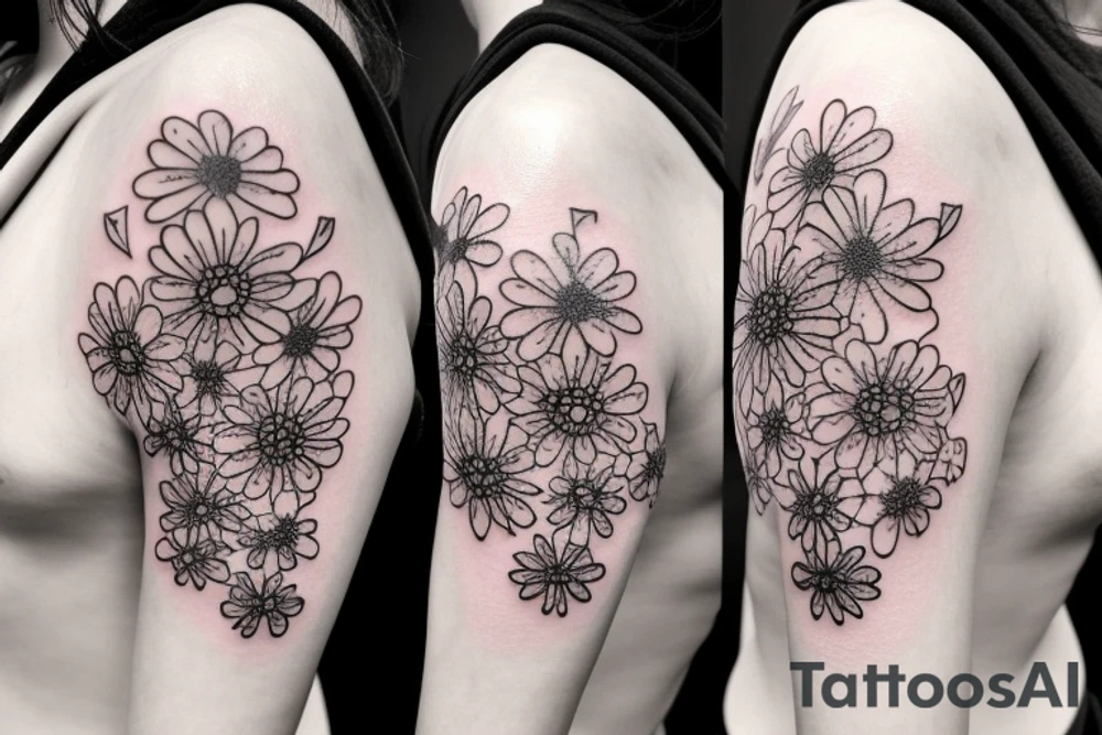 A splash of tiny flowers in full color on your shoulder: This design comprises of small  flowers that spread across the shoulder and collarbones, forming a larger image tattoo idea