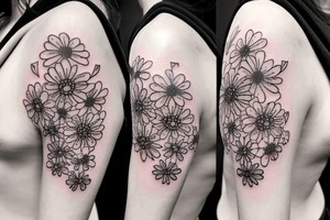 A splash of tiny flowers in full color on your shoulder: This design comprises of small  flowers that spread across the shoulder and collarbones, forming a larger image tattoo idea
