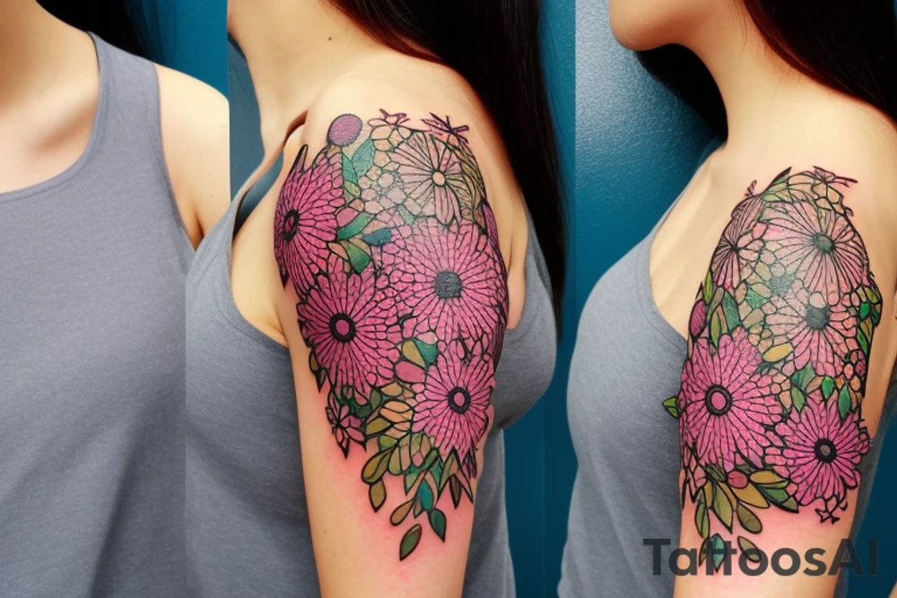 A splash of tiny flowers in full color on your shoulder: This design comprises of small  flowers that spread across the shoulder and collarbones, forming a larger image tattoo idea