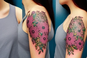 A splash of tiny flowers in full color on your shoulder: This design comprises of small  flowers that spread across the shoulder and collarbones, forming a larger image tattoo idea
