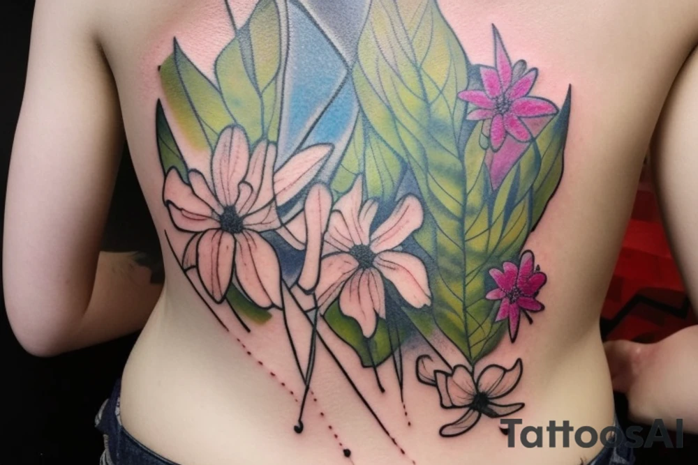 The tattoo is an underboob design of wild flowers done by the artist Pis Saro. It is characterized by a watercolor style, giving it a soft, painterly look. The design is nature-inspired and features botanical elements and a soft bee The tattoo is both delicate and vibrant, showcasing the artist's signature style. The flowers and leaves appear realistic and are rendered with a high level of detail, enhancing the overall aesthetic of the piece​ tattoo idea