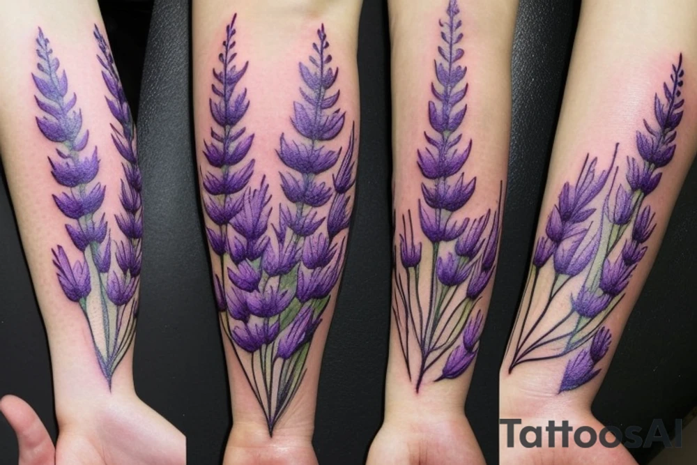 delicate wildflowers like lavendar, sunflower, marigold, and they have long stems to create a realistic effect. very dainty but detailed and botanical. Not loud or overdone tattoo idea