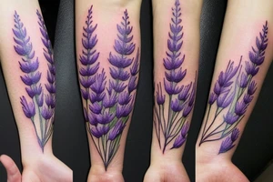 delicate wildflowers like lavendar, sunflower, marigold, and they have long stems to create a realistic effect. very dainty but detailed and botanical. Not loud or overdone tattoo idea