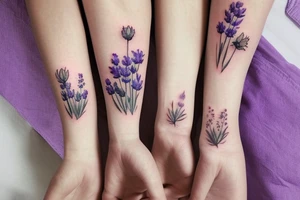 delicate wildflowers like lavendar, sunflower, marigold, and they have long stems to create a realistic effect. very dainty but detailed and botanical. Not loud or overdone tattoo idea