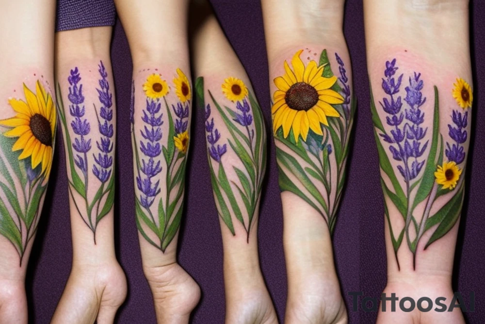 delicate wildflowers like lavendar, sunflower, marigold, and they have long stems to create a realistic effect. very dainty but detailed and botanical. Not loud or overdone tattoo idea