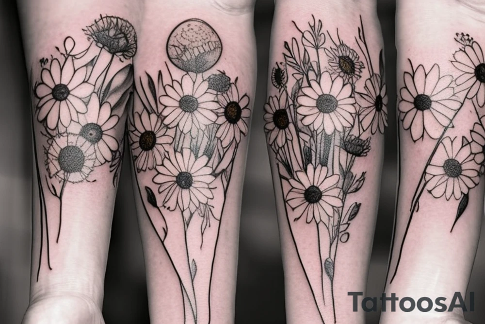 delicate wildflowers like lavendar, sunflower, marigold, and they have long stems to create a realistic effect. very dainty but detailed and botanical. Not loud or overdone tattoo idea