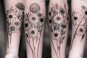 delicate wildflowers like lavendar, sunflower, marigold, and they have long stems to create a realistic effect. very dainty but detailed and botanical. Not loud or overdone tattoo idea