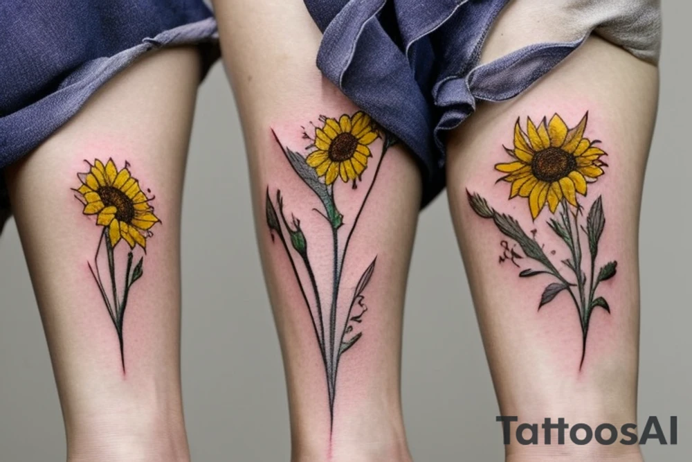 delicate wildflowers like lavendar, sunflower, marigold, and they have long stems to create a realistic effect. very dainty but detailed and botanical. Not loud or overdone tattoo idea