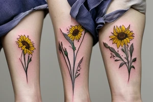 delicate wildflowers like lavendar, sunflower, marigold, and they have long stems to create a realistic effect. very dainty but detailed and botanical. Not loud or overdone tattoo idea