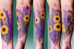 delicate wildflowers like lavendar, sunflower, marigold, and they have long stems to create a realistic effect. very dainty but detailed and botanical. Not loud or overdone tattoo idea