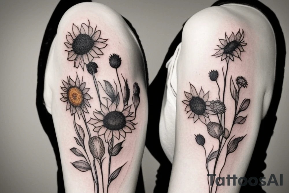 delicate wildflowers like lavendar, sunflower, marigold, and they have long stems to create a realistic effect. very dainty but detailed and botanical. Not loud or overdone. Ideas for wrapping around a shoulder tattoo idea