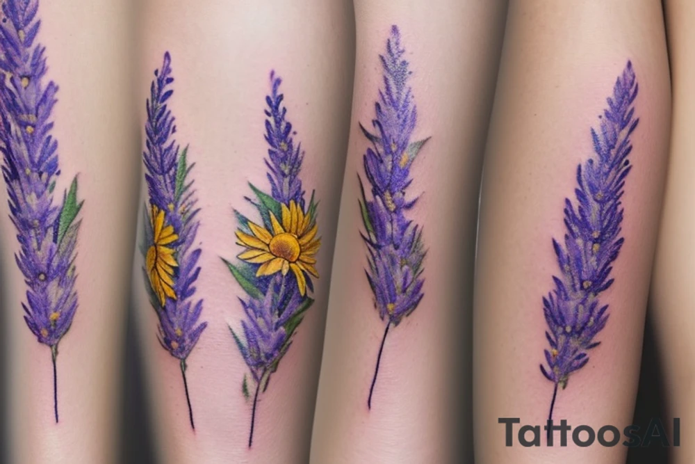delicate wildflowers like lavender, sunflower, and marigold, and they have long stems to create a realistic effect. very dainty but detailed and botanical. Not loud or overdone. elegantly placed to wrap a woman's features tattoo idea