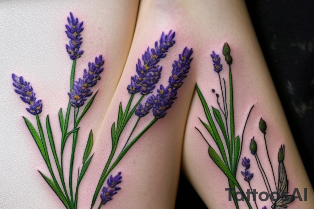 delicate wildflowers like lavender, sunflower, and marigold, and they have long stems to create a realistic effect. very dainty but detailed and botanical. Not loud or overdone. elegantly placed to wrap a woman's features. create a scene that depicts pollinating tattoo idea