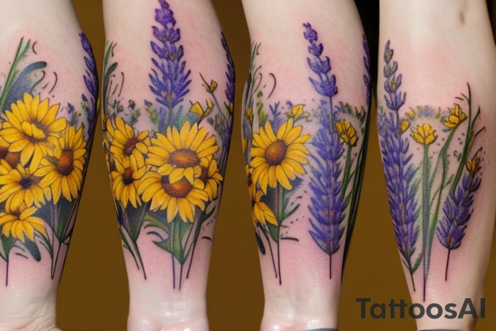 delicate wildflowers like lavender, sunflower, and marigold, and they have long stems to create a realistic effect. very dainty but detailed and botanical. Not loud or overdone. elegantly placed to wrap a woman's features. create a scene that depicts pollinating tattoo idea