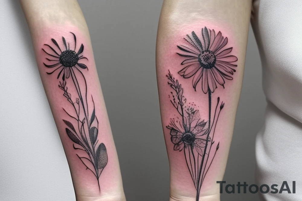 delicate wildflowers, and they have long stems to create a realistic effect. very dainty but detailed and botanical. Not loud or overdone. elegantly placed to wrap a woman's features. create a scene that depicts pollinating tattoo idea