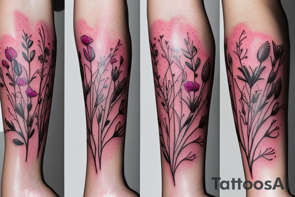 delicate wildflowers, and they have long stems to create a realistic effect. very dainty but detailed and botanical. Not loud or overdone. elegantly placed to wrap a woman's features. create a scene that depicts pollinating tattoo idea
