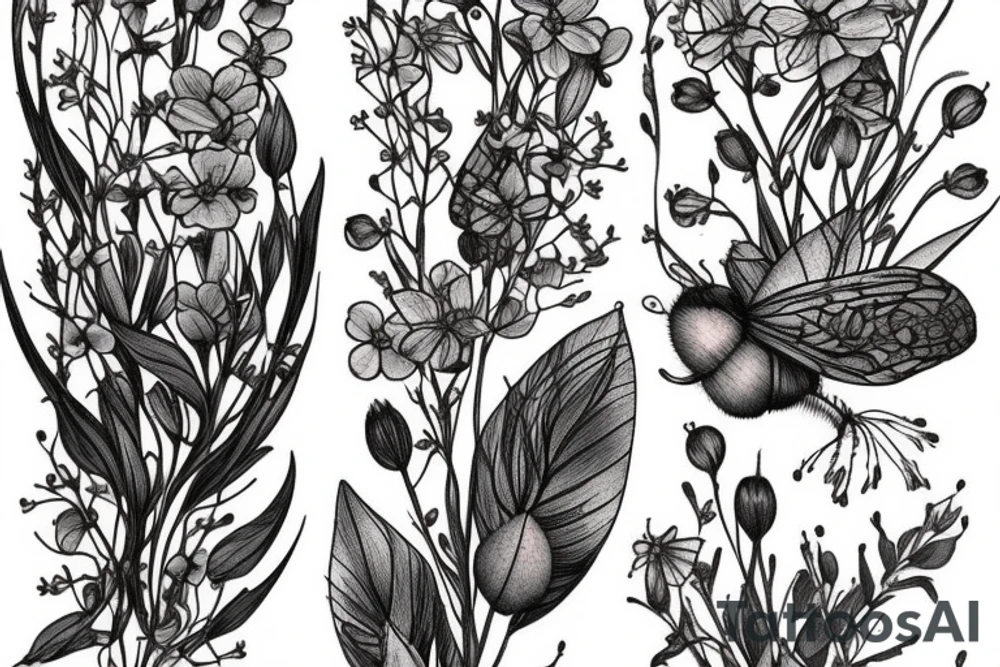 delicate wildflowers, and they have long stems to create a realistic effect. very dainty but detailed and botanical. Not loud or overdone. elegantly placed to wrap a woman's features. create a scene that depicts pollinating tattoo idea