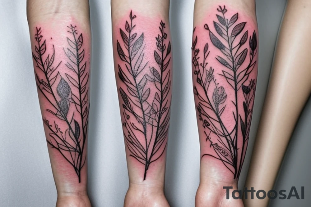 delicate wildflowers and leaves
, and they have long stems to create a realistic effect. very dainty but detailed and botanical. Not loud or overdone. elegantly placed to wrap a woman's features. create a scene that depicts pollinating tattoo idea