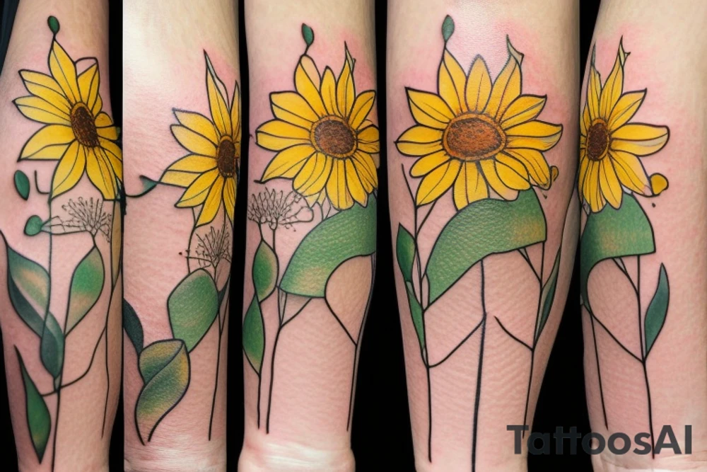 delicate sunnflowers that look relastic. very dainty but detailed and botanical. tattoo idea
