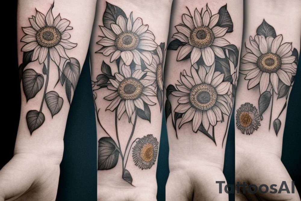delicate sunflowers that look realistic. very dainty but detailed and botanical. tattoo idea