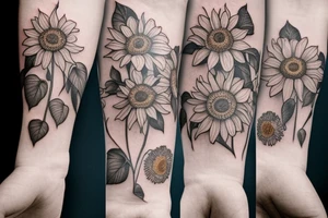 delicate sunflowers that look realistic. very dainty but detailed and botanical. tattoo idea