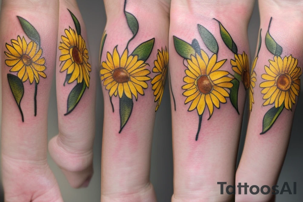 small delicate sunflowers that look realistic. very dainty but detailed and botanical. tattoo idea