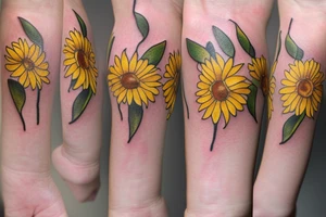 small delicate sunflowers that look realistic. very dainty but detailed and botanical. tattoo idea
