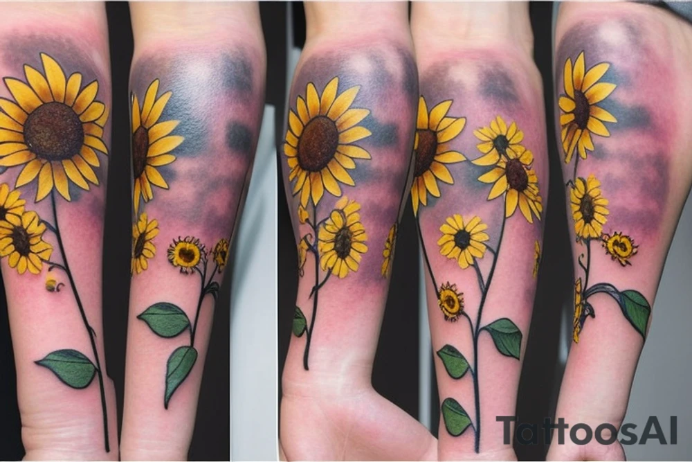 small delicate sunflowers that look realistic. very dainty but detailed and botanical. tattoo idea