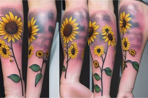 small delicate sunflowers that look realistic. very dainty but detailed and botanical. tattoo idea